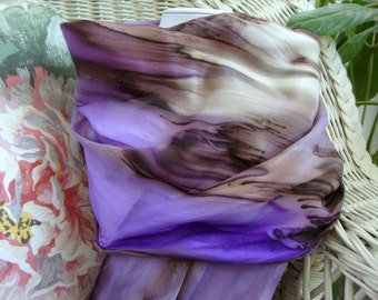 Scarf, Silk, Women, Purple Brown Tan Cream Hand Painted Silk Scarf