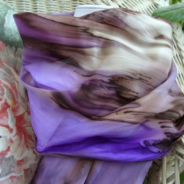 Scarf, Silk, Women, Purple Brown Tan Cream Hand Painted Silk Scarf