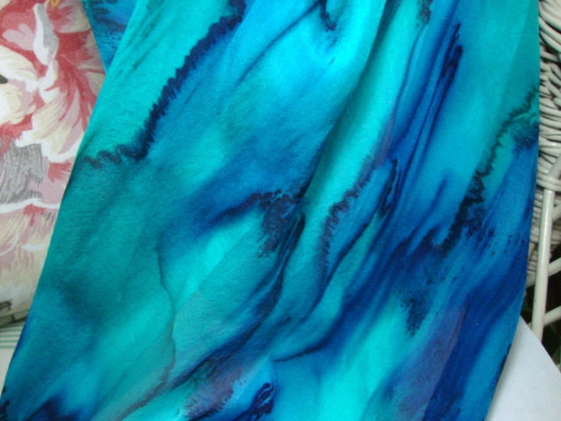 Scarf, Silk, Women, Hand Painted, Deep Ocean Blue with Teal Silk Scarf image 4