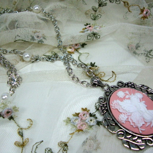 Feminine Fairy Cameo in Pink and White with Pearls and Chain