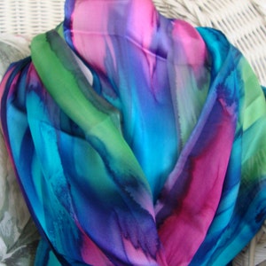 Scarf, Silk, Women, Hand Dyed, Bermuda Triangle Silk Scarf, Blue Lime Purple Turquoise