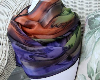 Sedona Sunset Chocolate Eggplant Olive Burnt Orange Hand Dyed Silk Scarf