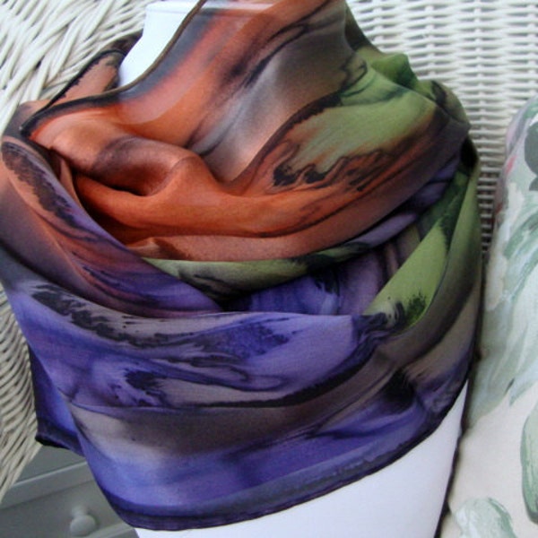 Sedona Sunset Chocolate Eggplant Olive Burnt Orange Hand Dyed Silk Scarf