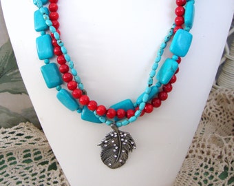 Triple Strand Turquoise Necklace with Feather Pendant