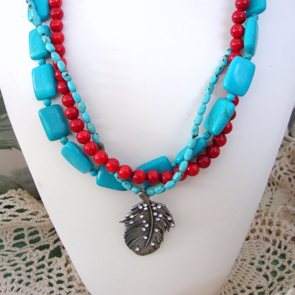 Triple Strand Turquoise Necklace with Feather Pendant