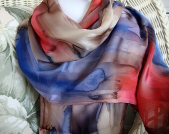 Scarf, Silk, Women, Hand Dyed, Mulberry Tree Silk Scarf, Chestnut Papaya Blueberry Brown