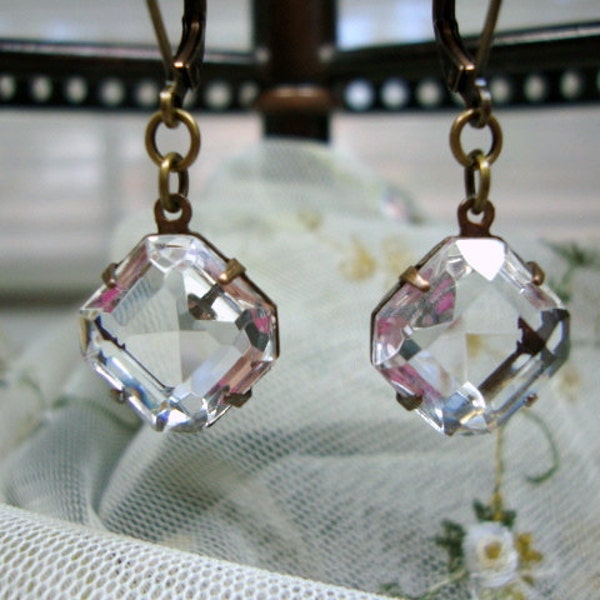 Estate Style Vintage Square Cut Clear Crystal Earrings Bridal Earrings Old Hollywood Sparkle Wedding Jewelry