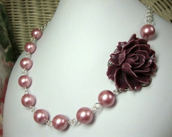 Pearl Rose Necklace FREE Earrings Bridesmaid Wedding Jewelry Custom Colors