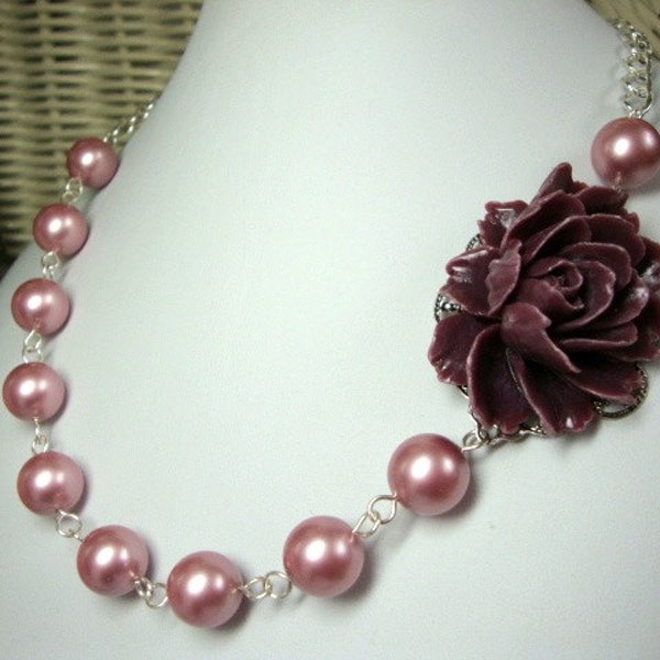 Pearl Rose Necklace FREE Earrings Bridesmaid Wedding Jewelry Custom Colors