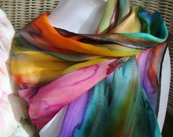 Hand Dyed, Hand Painted Silk, Over the Rainbow Silk Scarf