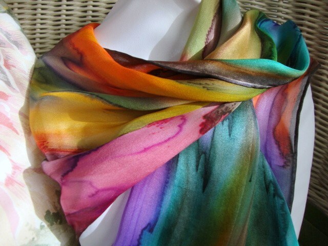 Hand Dyed, Hand Painted Silk, Over the Rainbow Silk Scarf