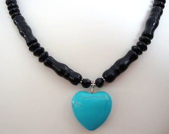 Turquoise Heart Black Bead Necklace, Layering style