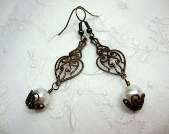 Cherished Love Antique Brass Vintage Style Pearl Earrings