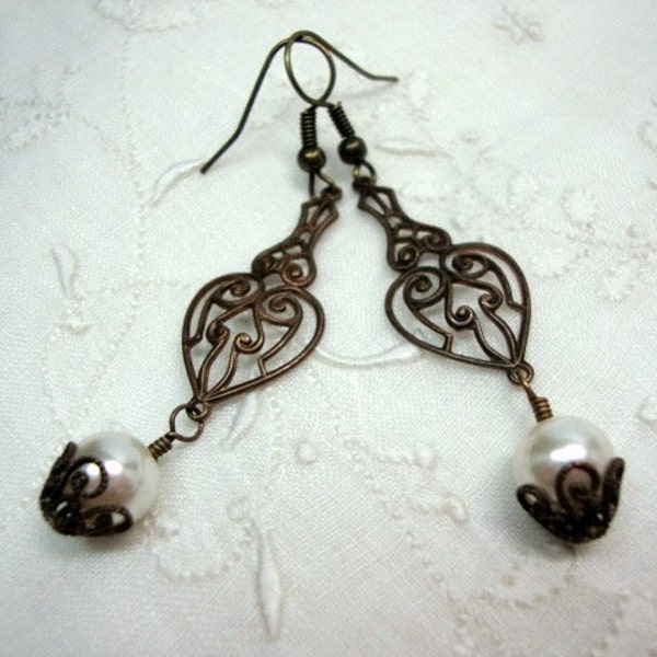 Cherished Love Antique Brass Vintage Style Pearl Earrings