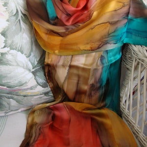 Scarf, Silk, Women, Hand Dyed, Southwest Soiree Silk Scarf, Chestnut Seabreeze Apricot image 3