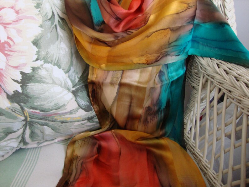 Scarf, Silk, Women, Hand Dyed, Southwest Soiree Silk Scarf, Chestnut Seabreeze Apricot image 3