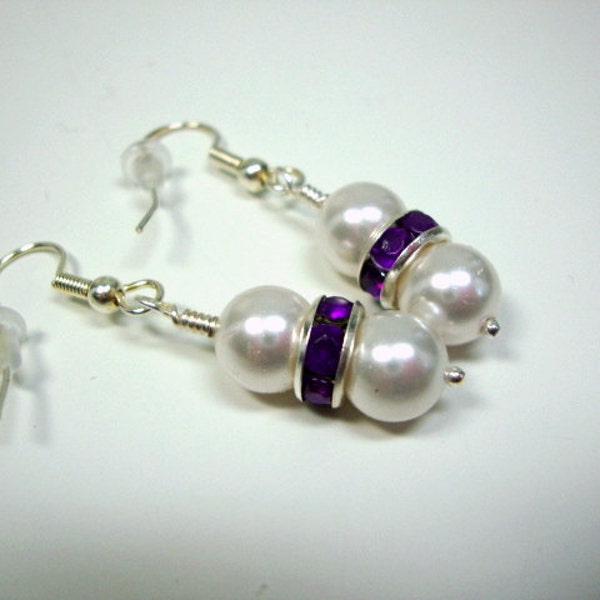 Purple and White Crystal Delight Pearl Earrings Formal Occasion Wedding Jewelry