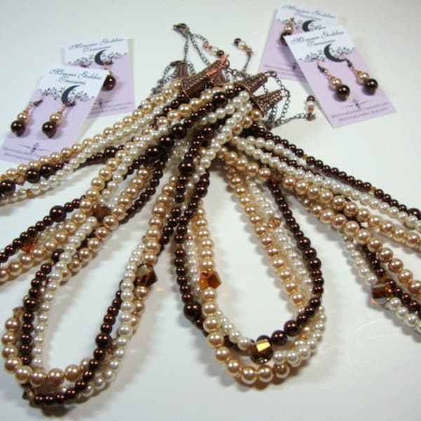 Demoiselle d'honneur chocolat crème Bronze perle collier boucles d'oreilles ensembles pour quatre bijoux de fête de mariage