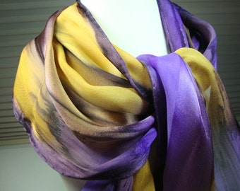 Scarf, Silk, Plum Gold Orchid Purple Handpainted Silk Scarf