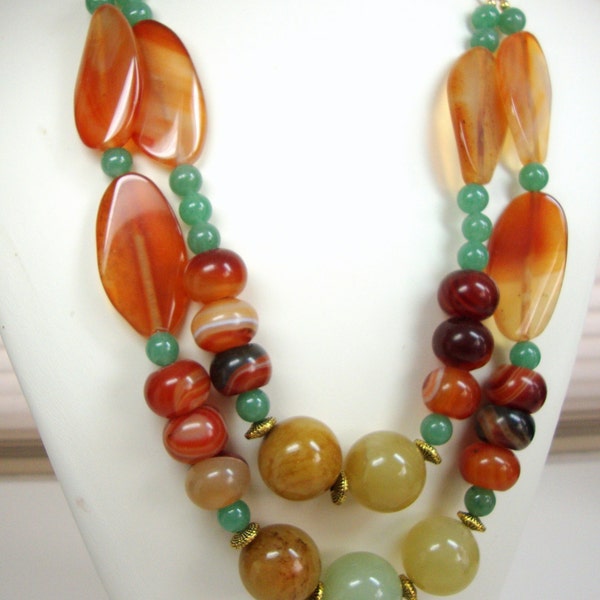 Double Strand Necklace with Amber Honey Agate and Green Adventurine