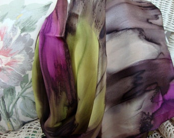 Scarf, Silk, Women, Hand Dyed, Silk Scarf, Chocolate, Purple, Chartreuse, and Havanis