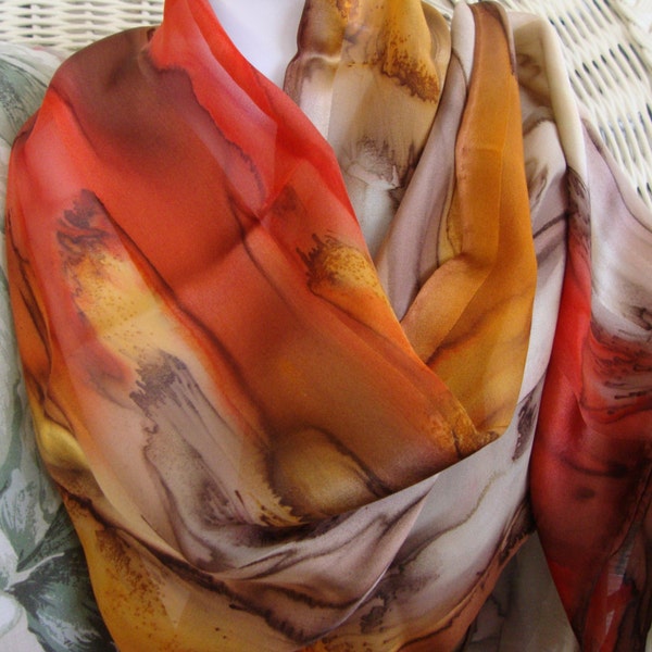 Scarf, Silk, Women, Hand Dyed, Southwest Sunset Silk Scarf, Chestnut Apricot Crimson Havanis