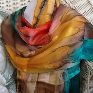 Scarf, Silk, Women, Hand Dyed, Southwest Soiree Silk Scarf, Chestnut Seabreeze Apricot image 1