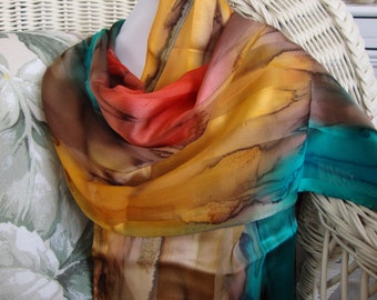 Scarf, Silk, Women, Hand Dyed, Southwest Soiree Silk Scarf, Chestnut Seabreeze Apricot