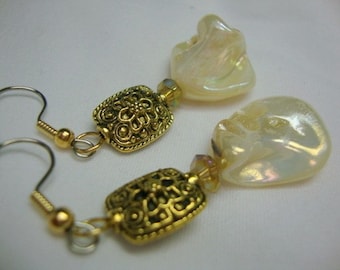 Ivory Freshwater Pearl Nugget with Gold Ornate Bead Classic Elegance Earrings