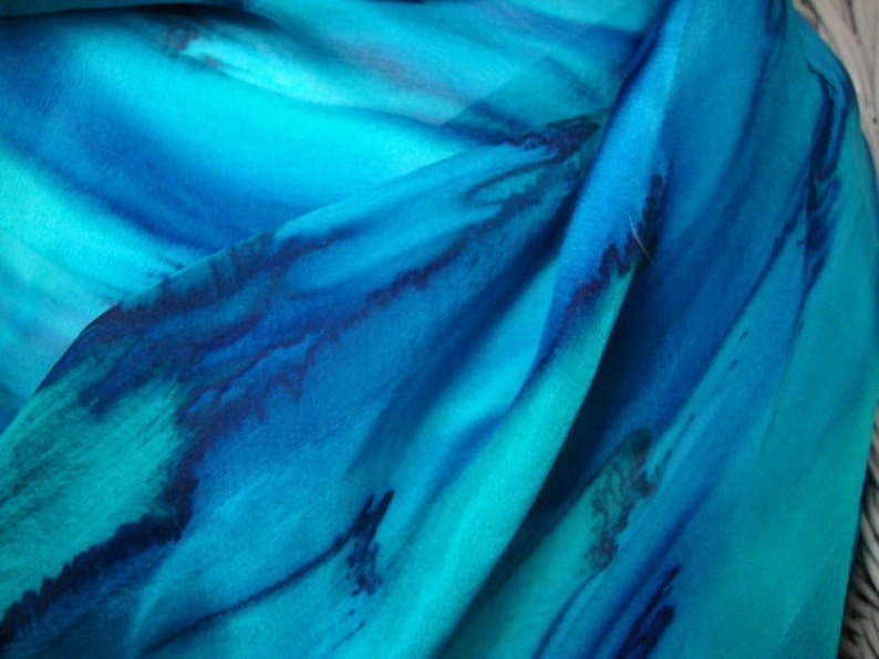 Scarf, Silk, Women, Hand Painted, Deep Ocean Blue with Teal Silk Scarf image 3