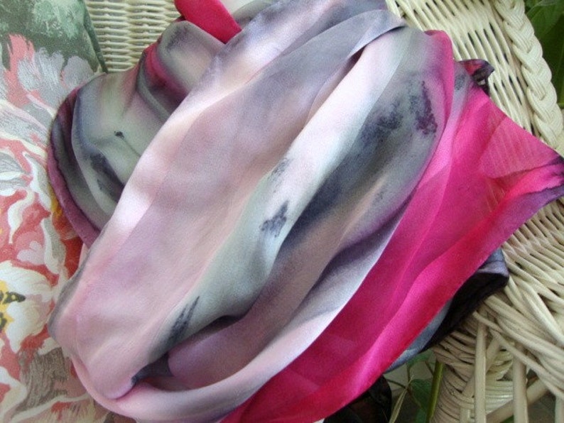 Scarf, Silk, Women, Pink and Gray Prim and Proper Hand Painted Silk Scarf image 3