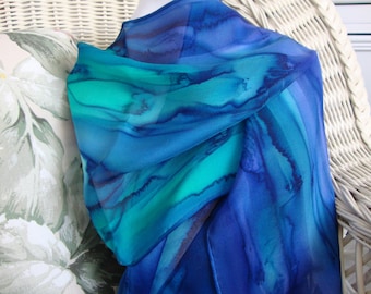 Scarf, Silk, Women, Hand Dyed, Ocean Reef Silk Scarf, Blue Royal Blue Mint Emerald Green