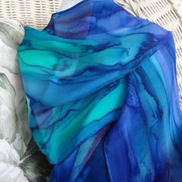 Scarf, Silk, Women, Hand Dyed, Ocean Reef Silk Scarf, Blue Royal Blue Mint Emerald Green