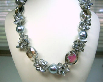 Bold Silver Pearls Silver Crystals Necklace Bride Bridesmaid Mother of Bride Wedding Jewelry