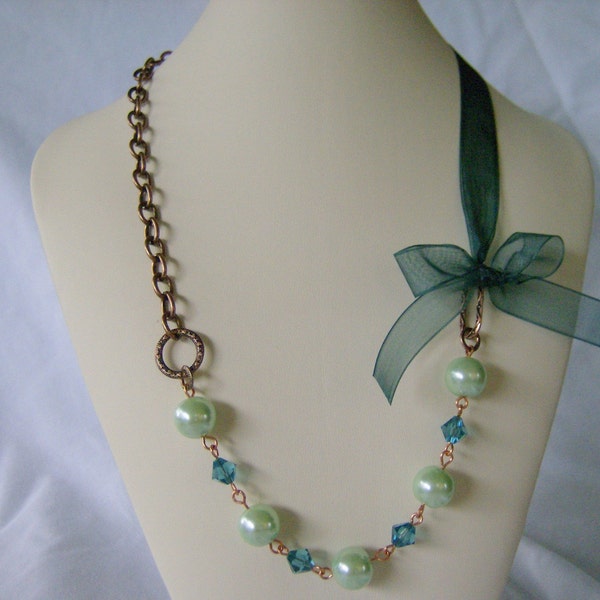 Tara Necklace in Indicolite Bridesmaid Maid of Honor Wedding Necklace Pearls Crystals Chains Ribbon