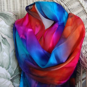 Scarf, Silk, Women, Hand Dyed, Festivale Royale Silk Scarf, Blue Violet Orange Hot Fuchsia Turquoise