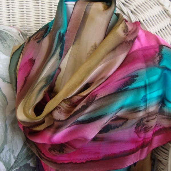 Scarf, Silk, Women, Hand Dyed, Island Sunrise Silk Scarf, Chestnut Hot Pink Seabreeze Havanis