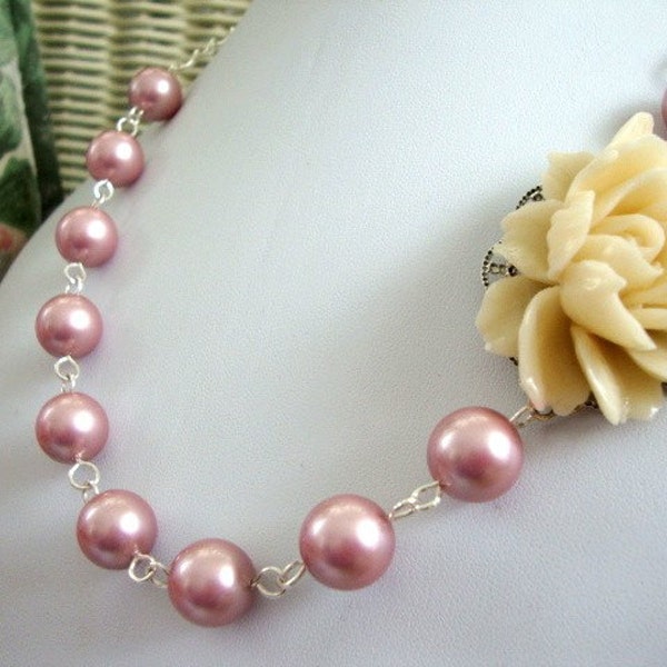 Pearls Cream Rose Necklace FREE Earrings Bridesmaid Wedding Jewelry Custom