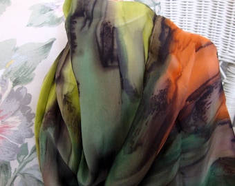 Scarf, Silk, Women, Hand Dyed, Silk Scarf, Chocolate, Chartreuse, Evergreen, Burnt Orange