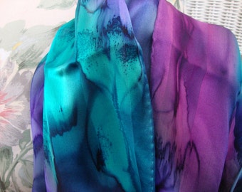 Scarf, Silk, Women, Hand Dyed, Silk Scarf, Blue Purple Orchid Seabreeze