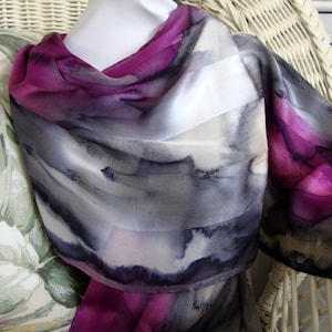 Scarf, Silk, Women, Hand Dyed, Elegant Love Silk Scarf, Charcoal Purple White