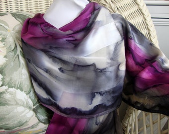 Scarf, Silk, Women, Hand Dyed, Elegant Love Silk Scarf, Charcoal Purple White