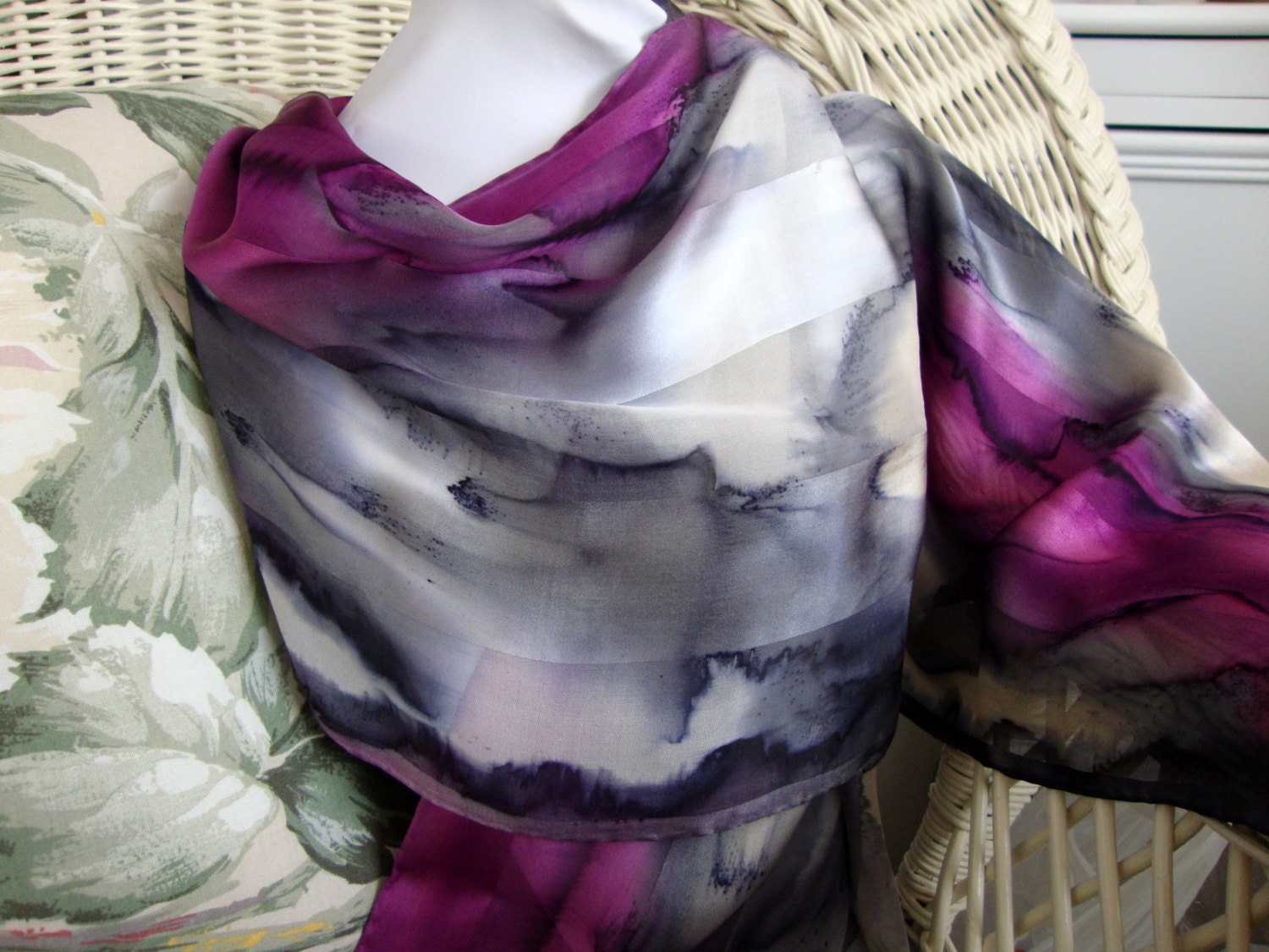 Scarf, Silk, Women, Hand Dyed, Elegant Love Silk Scarf, Charcoal Purple White
