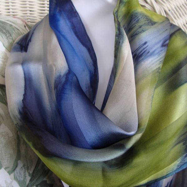 Scarf, Silk, Women, Hand Dyed, Blue Lagoon Silk Scarf, Blue Havanis Blueberry Chartreuse