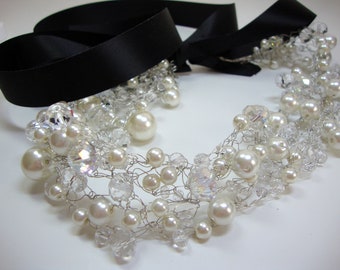 Crocheted Pearl and Crystal Bridal Wedding Necklace with Bow Closure, Formal Occasion