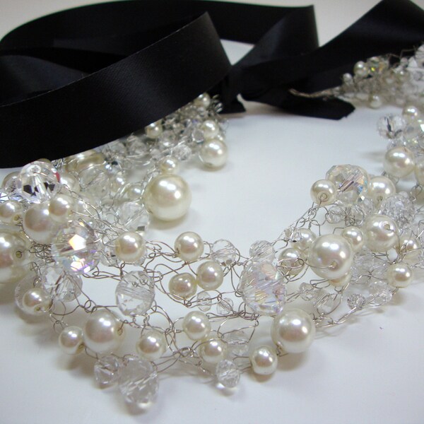 Crocheted Pearl and Crystal Bridal Wedding Necklace with Bow Closure, Formal Occasion