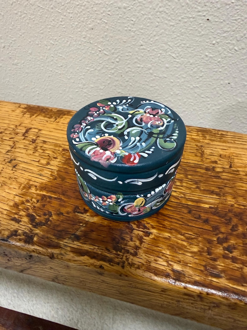 Norwegian Rosemaled round wood box small Dark Teal