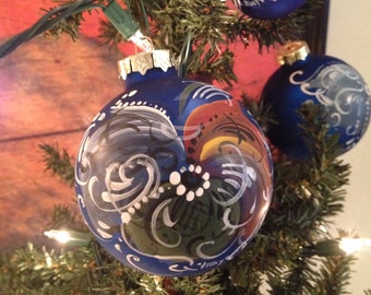 Norwegian rosemaled blue glass ball ornament