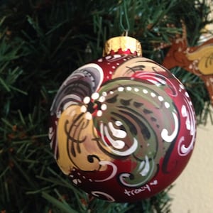 Norwegian rosemaled red glass ball ornament