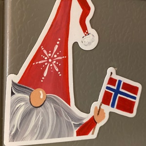 Norwegian Flag waving gnome magnet OR sticker